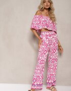  Compleu Fucsia din Bumbac Pantaloni cu Elastic în Talie Top cu Bretele Clarivia