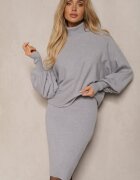  Compleu Gri din Tricot Reiat Maletă cu Mâneci Bufante și Rochie cu bretele Belianora