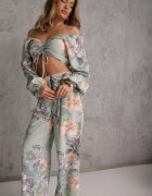  Compleu Mentă 2 piese Bluză cu mânecă lungă și Pantaloni largi cu elastic în talie floral Calaq