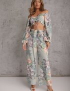  Compleu Mentă 2 piese Bluză cu mânecă lungă și Pantaloni largi cu elastic în talie floral Calaq