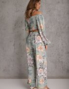  Compleu Mentă 2 piese Bluză cu mânecă lungă și Pantaloni largi cu elastic în talie floral Calaq