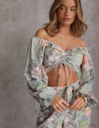  Compleu Mentă 2 piese Bluză cu mânecă lungă și Pantaloni largi cu elastic în talie floral Calaq