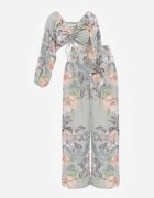 Compleu Mentă 2 piese Bluză cu mânecă lungă și Pantaloni largi cu elastic în talie floral Calaq