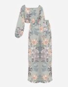  Compleu Mentă 2 piese Bluză cu mânecă lungă și Pantaloni largi cu elastic în talie floral Calaq