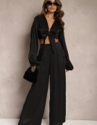  Compleu Negru Cămașă legată cu mâneci largi și Pantaloni largi Aphina
