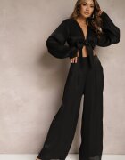  Compleu Negru Cămașă legată cu mâneci largi și Pantaloni largi Aphina