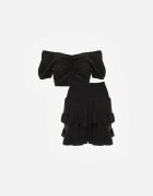  Compleu Negru cu Bumbac Fustă cu Elastic în Talie și Volan Bluză Tip Spanish Testalani