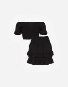  Compleu Negru cu Bumbac Fustă cu Elastic în Talie și Volan Bluză Tip Spanish Testalani