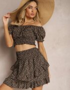  Compleu Negru cu Imprimeu Floral din 2 piese Top stil spaniolă și Fustă cu volan Crispa