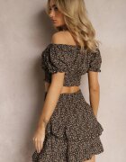  Compleu Negru cu Imprimeu Floral din 2 piese Top stil spaniolă și Fustă cu volan Crispa