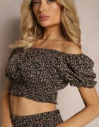  Compleu Negru cu Imprimeu Floral din 2 piese Top stil spaniolă și Fustă cu volan Crispa
