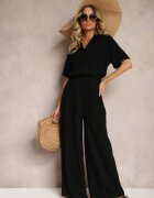  Compleu Negru din 2 piese Cămașă cu Mânecă Scurtă Închisă cu nasturi Pantaloni Lungi Curetta