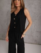  Compleu Negru din Bumbac Bluză cu Nasturi Pantaloni Largi cu Elastic în Talie Floricella