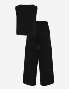  Compleu Negru din Bumbac Bluză cu Nasturi Pantaloni Largi cu Elastic în Talie Floricella