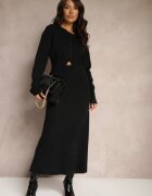  Compleu Negru din Tricot cu Lână Cardigan cu Nasturi și Fustă cu Elastic în Talie Melzina