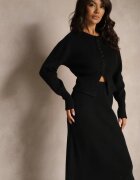  Compleu Negru din Tricot cu Lână Cardigan cu Nasturi și Fustă cu Elastic în Talie Melzina