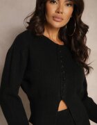  Compleu Negru din Tricot cu Lână Cardigan cu Nasturi și Fustă cu Elastic în Talie Melzina