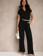  Compleu Negru din Vascoză cu Dungi Cămașă cu Mânecă Scurtă cu Pantaloni Fenlina