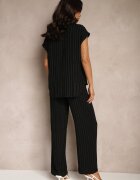  Compleu Negru din Vascoză cu Dungi Cămașă cu Mânecă Scurtă cu Pantaloni Fenlina