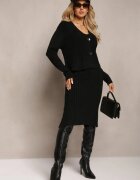 Compleu Negru Reiat Tricotat cu Rochie și Cardigan Nalindrie