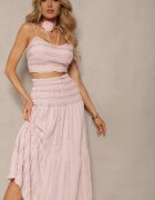  Compleu Roz cu Choker cu Trandafir Top cu Bretele Fustă cu Volane și Elastic în Talie Hlinna