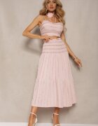  Compleu Roz cu Choker cu Trandafir Top cu Bretele Fustă cu Volane și Elastic în Talie Hlinna
