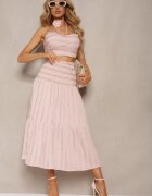  Compleu Roz cu Choker cu Trandafir Top cu Bretele Fustă cu Volane și Elastic în Talie Hlinna