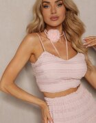  Compleu Roz cu Choker cu Trandafir Top cu Bretele Fustă cu Volane și Elastic în Talie Hlinna
