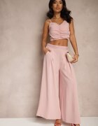  Compleu Roz cu Viscoză Pantaloni Largi Top cu Cupe Buretate Tirtebis
