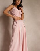  Compleu Roz cu Viscoză Pantaloni Largi Top cu Cupe Buretate Tirtebis