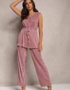  Compleu Roz închis Plisat Din 2 piese: Bluză cu centură din material și Pantaloni lungi și largi Lasion