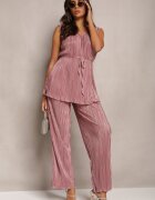  Compleu Roz închis Plisat Din 2 piese: Bluză cu centură din material și Pantaloni lungi și largi Lasion