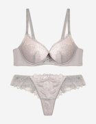  Compleu Sutien Push Up și Chiloți Gri-Roz Decorat cu Dantelă Romantică Zeril