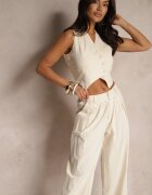  Compleu tip costum bej cu vâscoză și bumbac vestă și pantaloni Milvivis