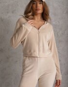  Compleu Trening Bej din Velur Pantaloni și Bluză cu Glugă cu Fermoar Styrena