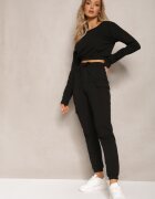  Compleu Trening Negru Bluză Cropped și Pantaloni cu Buzunare Cargo Xerlesa