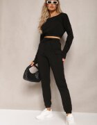  Compleu Trening Negru Bluză Cropped și Pantaloni cu Buzunare Cargo Xerlesa