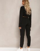  Compleu Trening Negru Bluză Cropped și Pantaloni cu Buzunare Cargo Xerlesa