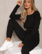  Compleu Trening Negru Bluză Cropped și Pantaloni cu Buzunare Cargo Xerlesa