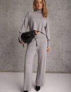  Compleu Tricotat Gri cu Viscoză Pantaloni cu Croială Largă Bluză cu Guler Înalt Norathira