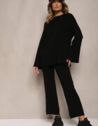  Compleu Tricotat Negru din Viscoză Pulover și Pantaloni cu Fente și Elastic în Talie Malwizelle