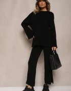  Compleu Tricotat Negru din Viscoză Pulover și Pantaloni cu Fente și Elastic în Talie Malwizelle