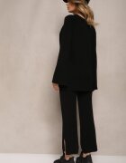  Compleu Tricotat Negru din Viscoză Pulover și Pantaloni cu Fente și Elastic în Talie Malwizelle