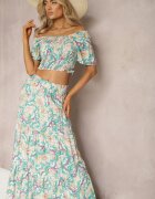 Compleu Verde-Bej din viscoză de vară Bluză Carmen și Fustă Lungă Lawn