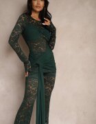  Compleu Verde cu Dantelă Decorat cu Trenă Pantaloni cu croială largă și Bluză Longsleeve Feladi