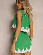  Compleu Verde Decorat cu Dantelă Top cu bretele Pantaloni scurți Largi cu Talie înaltă Filoa