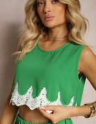  Compleu Verde Decorat cu Dantelă Top cu bretele Pantaloni scurți Largi cu Talie înaltă Filoa