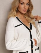  Compleu Viscoză Alb Cardigan cu Nasturi și Paspoal și Fustă Mulată Tamorin
