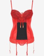  Corset Roșu-Negru din dantelă cu bretele și tanga cu model ferigă