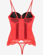  Corset Roșu-Negru din dantelă cu bretele și tanga cu model ferigă